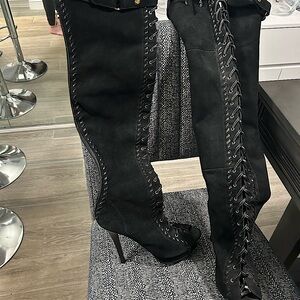 Colin Stuart leather over the knee peep toe high heel lace up boots